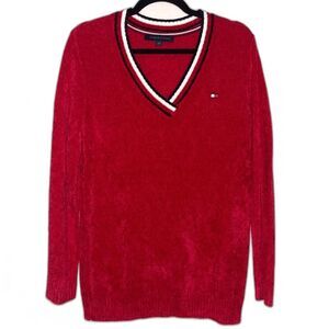 Tommy Hilfiger red chenille v neck sweater M
